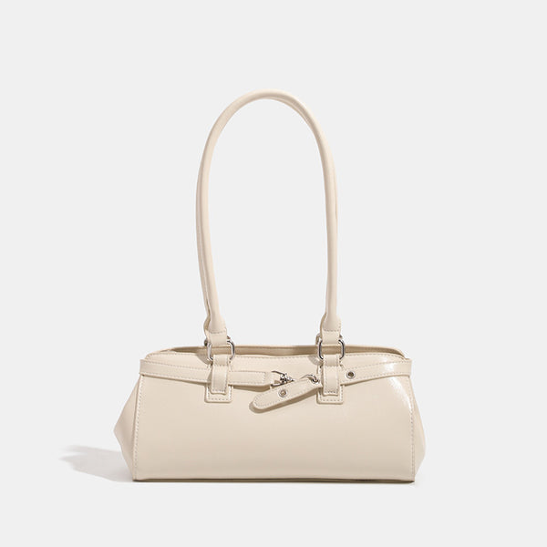 Glossy leather-look baguette shoulder bag with silver-tone hardware and buckle-strap detail, front view