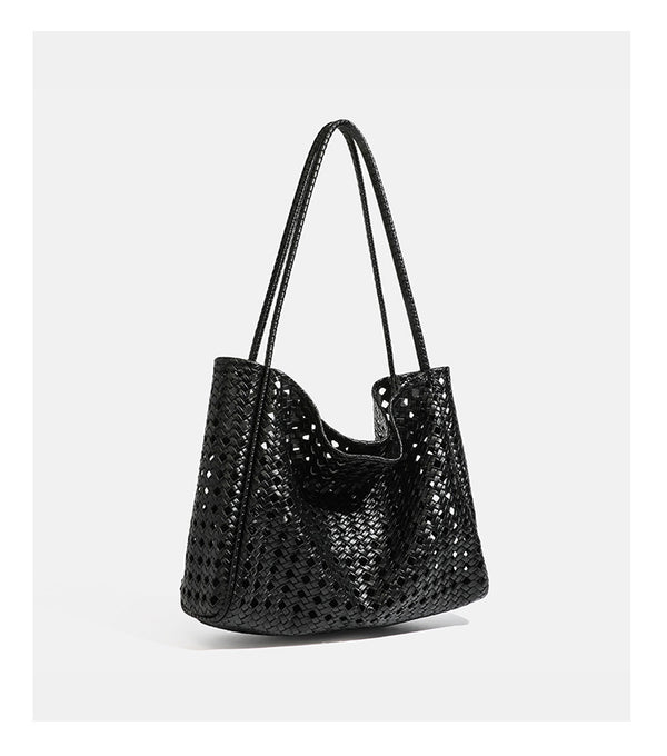Slouchy open-lattice woven shoulder tote bag with long braided straps and matching zip pouch, detail view 17