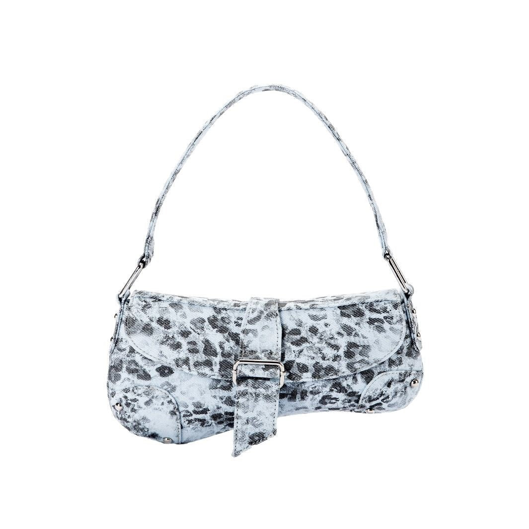 Small washed leopard print shoulder bag in blue-grey with silver buckle strap and stud accents, detail view 5