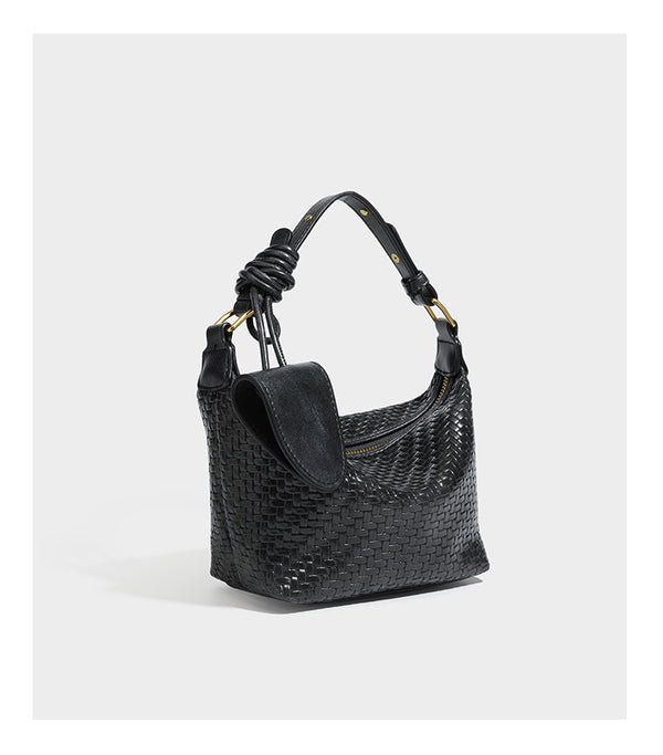 Small glossy basket-weave hobo shoulder bag in brown with knotted top handle, flap accent pocket, and gold-tone hardware