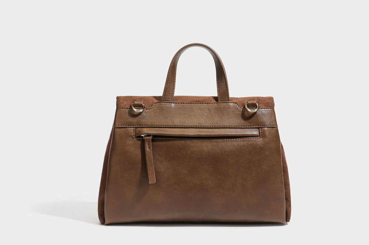 Formstabile Satchel-Tasche mit mattem Veloursleder-Finish, Überschlag, goldfarbenen Emblem-Beschlägen, kurzem Tragegriff und verstellbarem Crossbody-Riemen