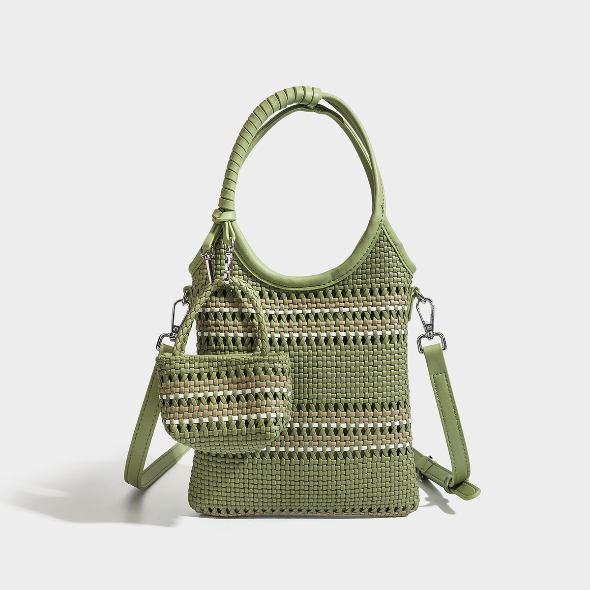 Brown two-tone woven leather-look shoulder bag with braided top handles, detachable mini pouch, and adjustable crossbody