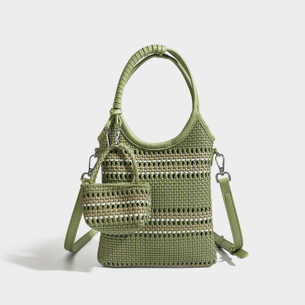 Brown two-tone woven leather-look shoulder bag with braided top handles, detachable mini pouch, and adjustable crossbody