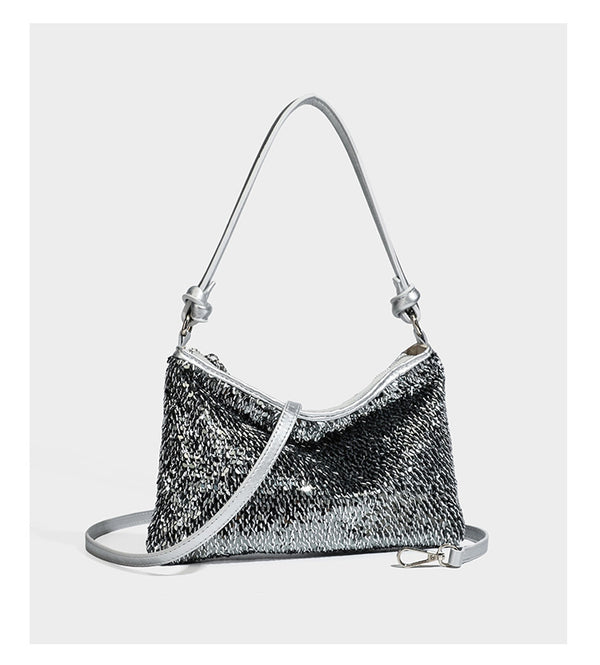 Small sequin hobo shoulder bag with knotted strap and zip closure, detail view 13