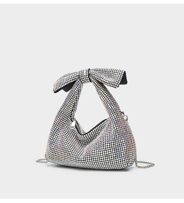 Schultertasche mit rundum besetzter Kristall-Strass-Schleife, Kettenriemen und Reißverschluss, Detailansicht 17