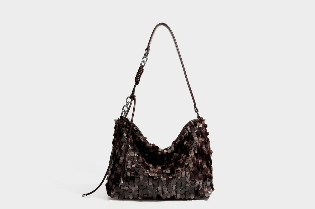 Slouchy paillette sequin hobo shoulder bag with zip closure and adjustable leather-look strap with silver chain hardware