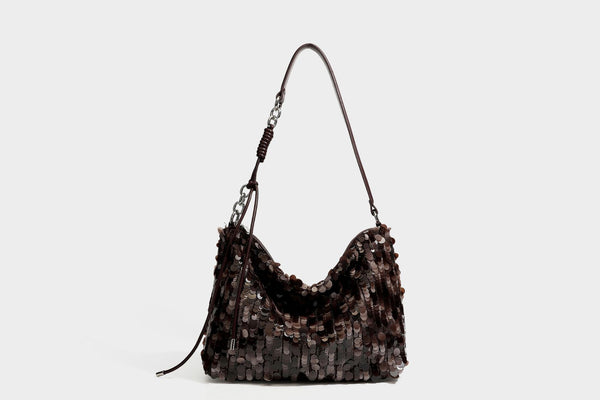 Slouchy paillette sequin hobo shoulder bag with zip closure and adjustable leather-look strap with silver chain hardware