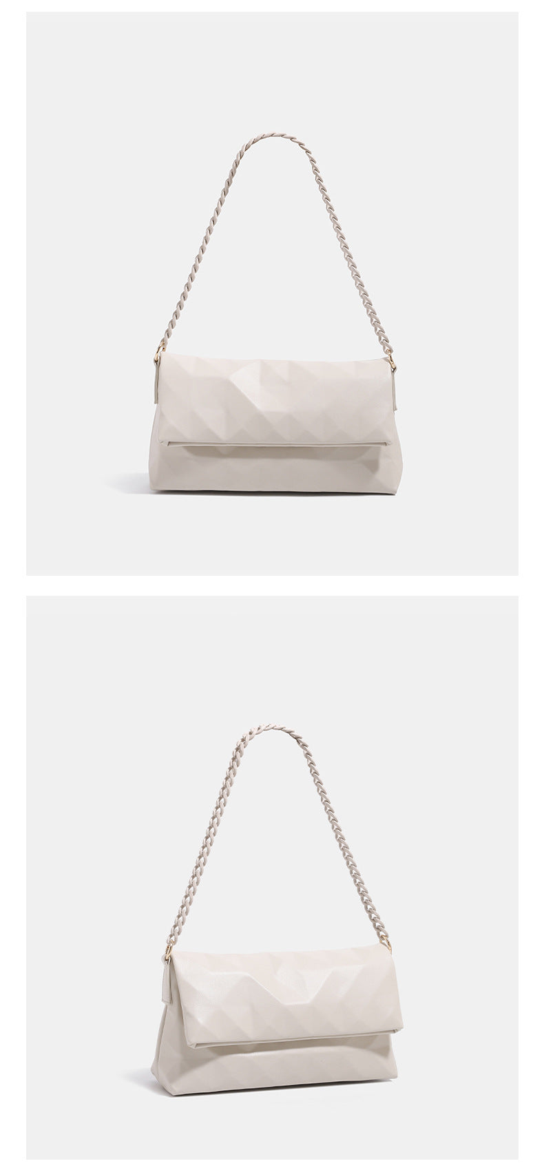 Geometric faceted flap shoulder bag with braided chain strap in black and ivory leather-look finish, detail view 9