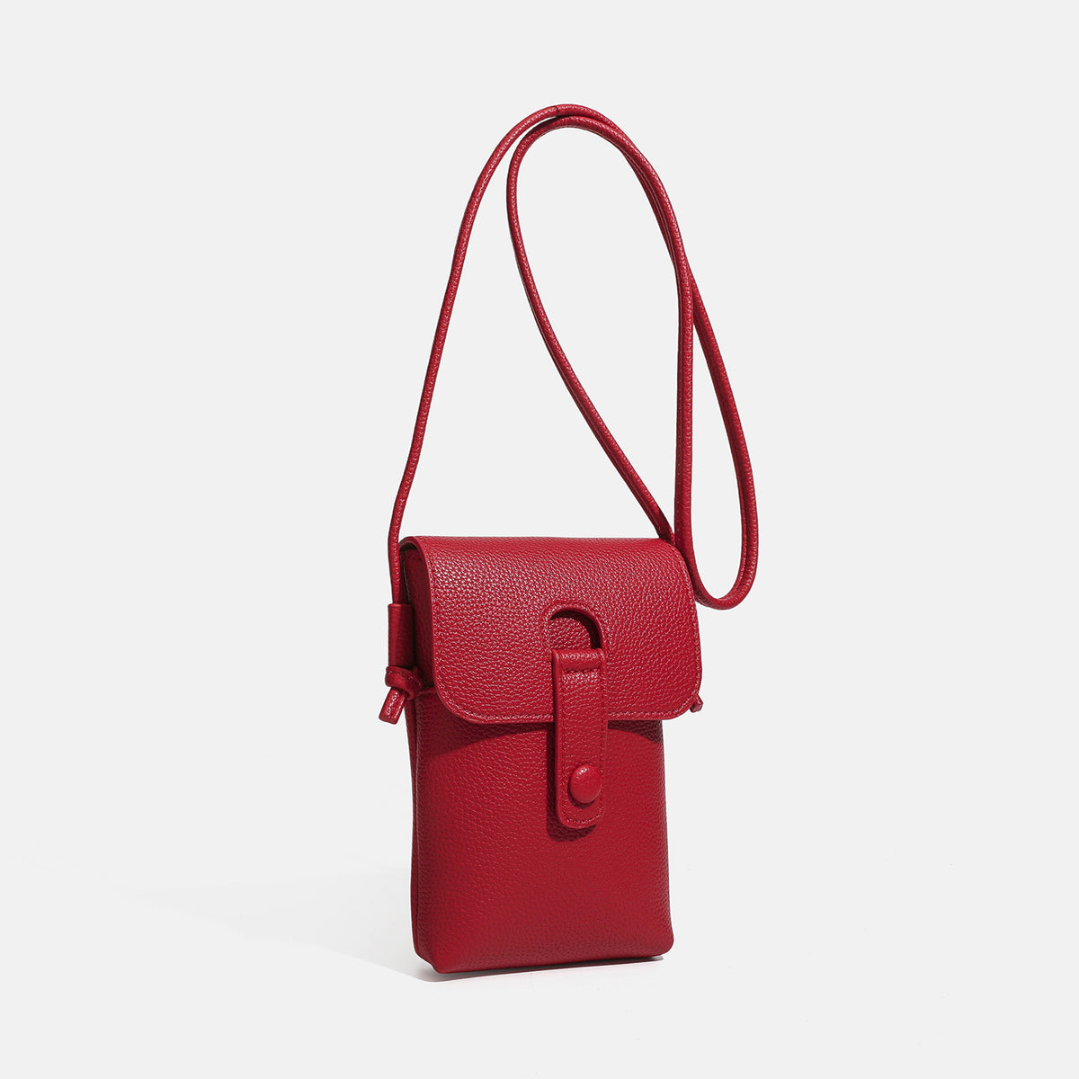 Kleine vertikale rechteckige Crossbody-Handytasche mit genarbter Lederoptik, abgerundetem Überschlag, Druckverschluss mit Lasche und