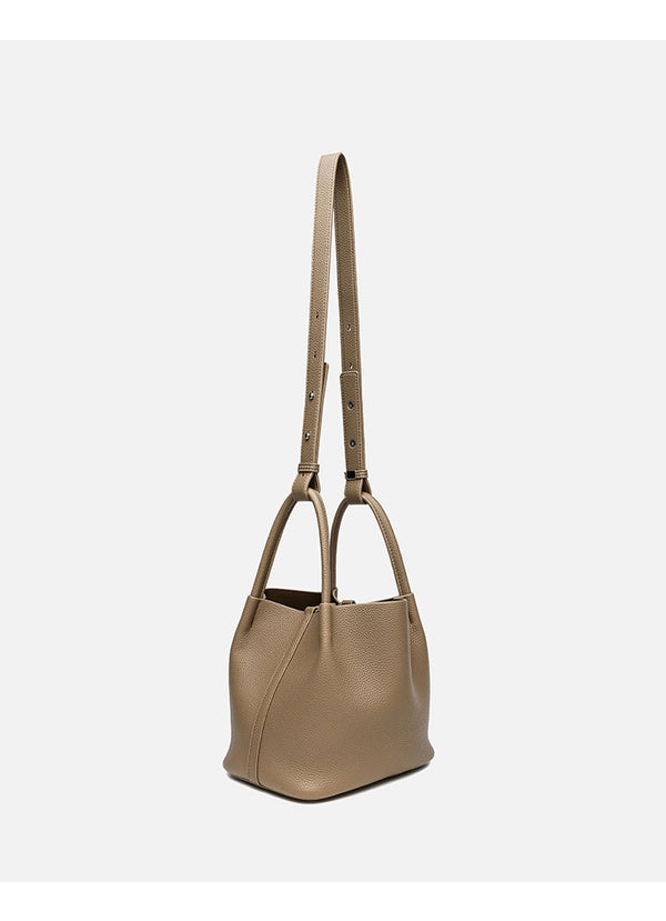 Pebbled leather-look bucket tote bag with rounded top handles and detachable shoulder strap, detail view 13