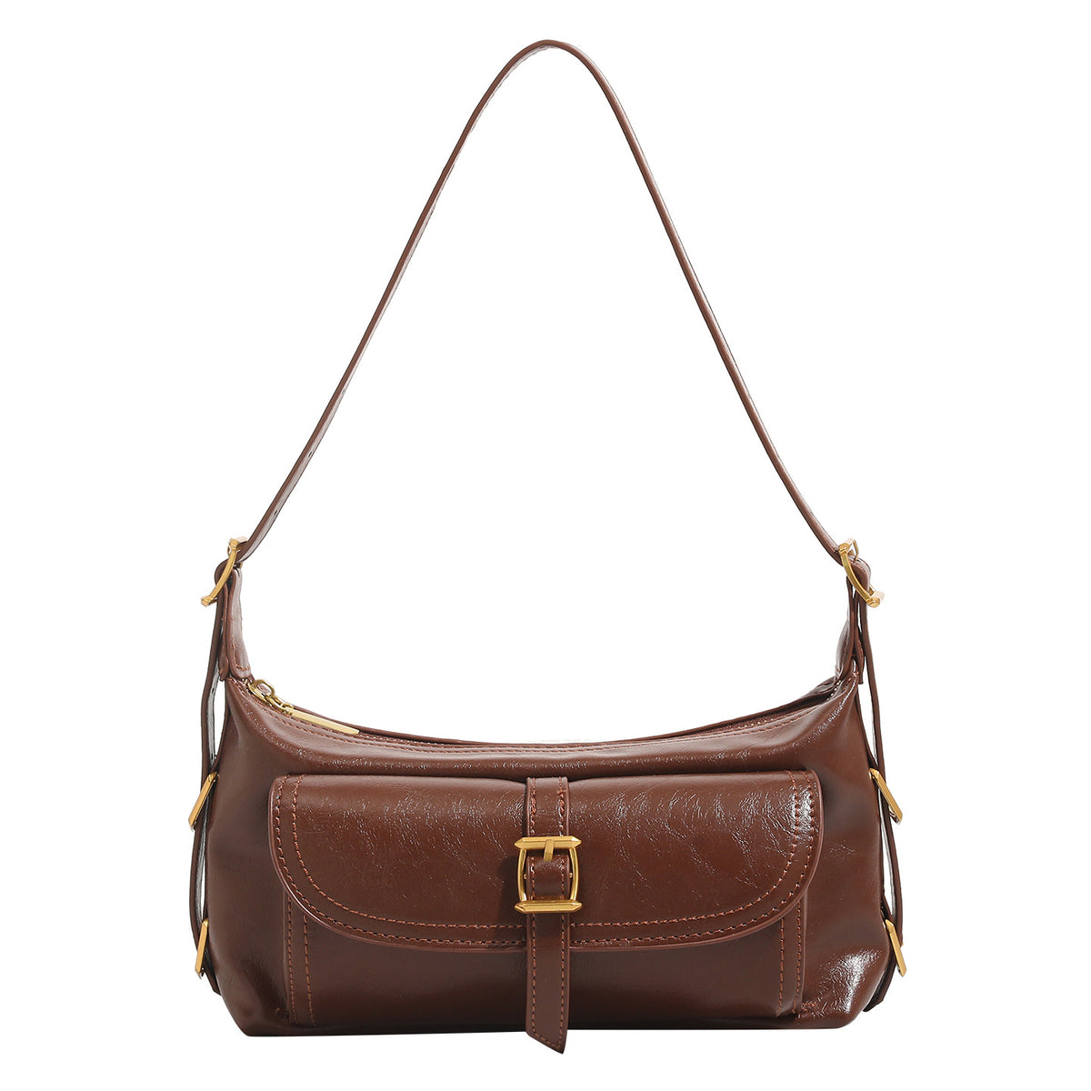 Compact glossy oil-wax leather-look shoulder bag with front buckle flap pocket and gold-tone hardware, detail view 5
