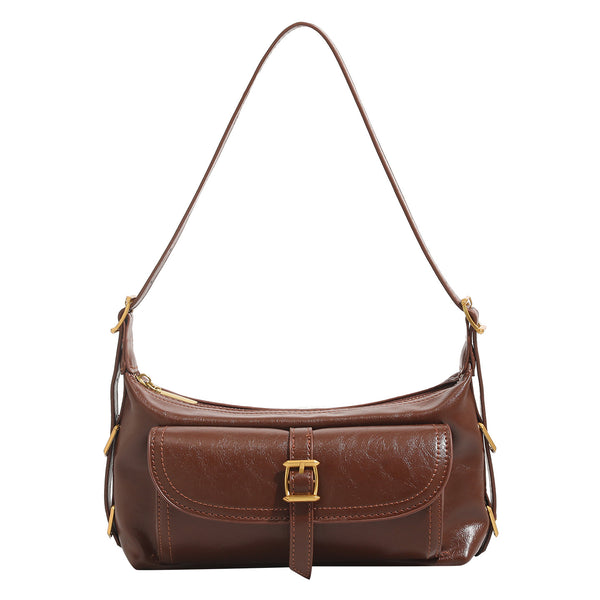 Compact glossy oil-wax leather-look shoulder bag with front buckle flap pocket and gold-tone hardware, detail view 5