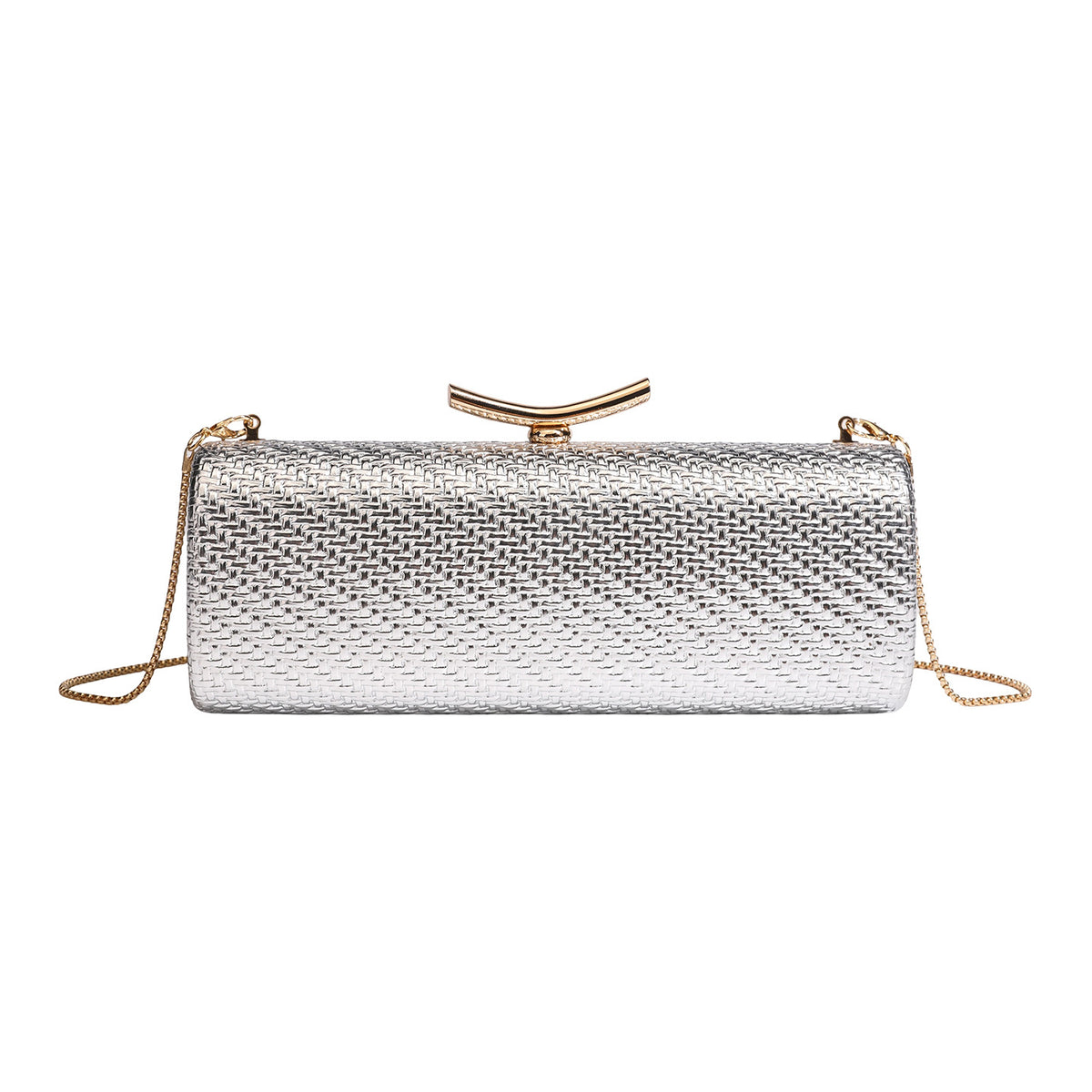 Formstabile, metallisch gewebte Abend-Clutch mit geschwungenem goldfarbenem Kiss-Lock-Verschluss und abnehmbarem, schmalem goldfarbenem Kettenriemen