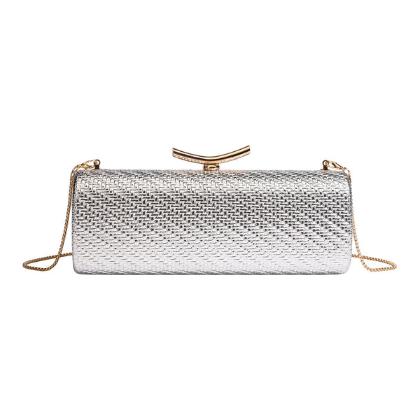 Formstabile, metallisch gewebte Abend-Clutch mit geschwungenem goldfarbenem Kiss-Lock-Verschluss und abnehmbarem, schmalem goldfarbenem Kettenriemen