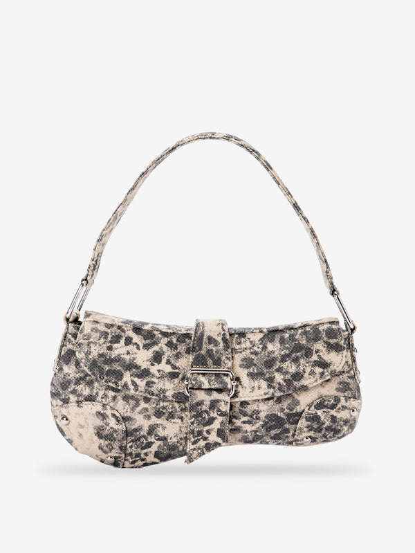 Small washed leopard print shoulder bag in blue-grey with silver buckle strap and stud accents, detail view 8