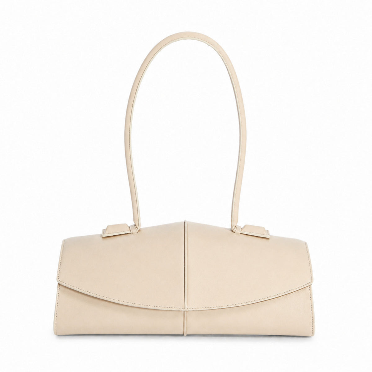 Elongated structured baguette shoulder bag with curved flap closure and slim looped strap, detail view 7