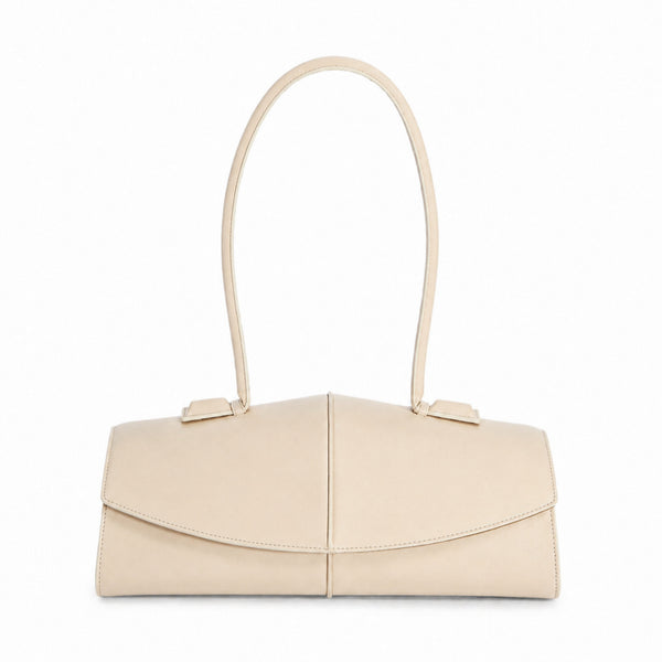 Elongated structured baguette shoulder bag with curved flap closure and slim looped strap, detail view 7