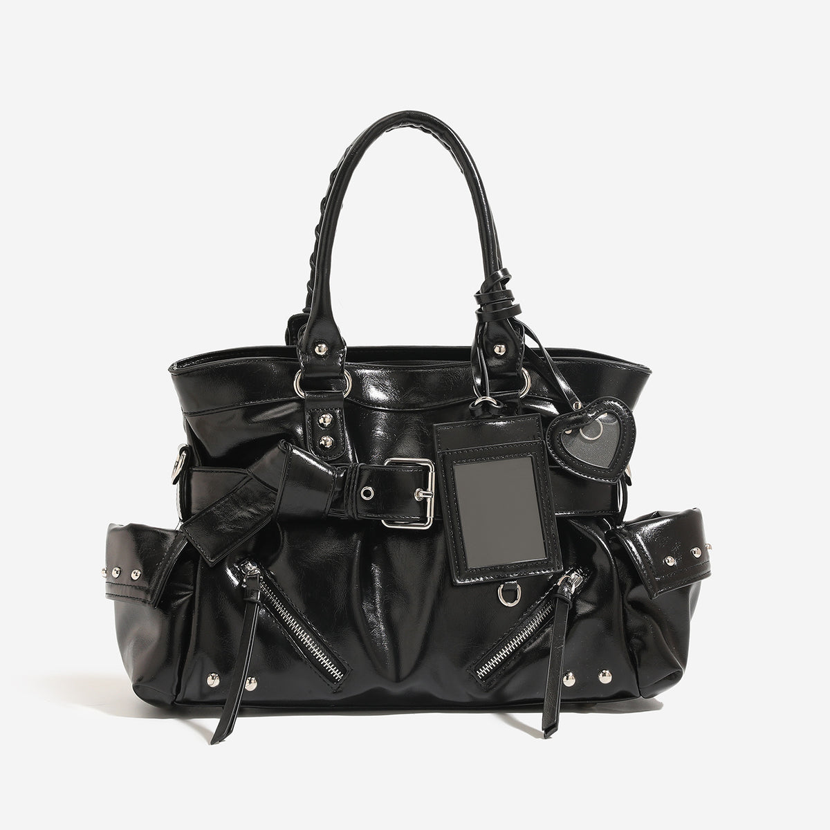 Black glossy leather-look structured tote bag with silver studs, buckle strap, exterior zip pockets, braided top handles