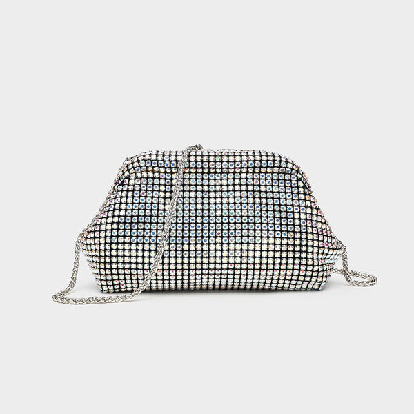 Small crystal rhinestone clutch crossbody bag with silver-tone chain strap and frame-clip closure, detail view 3