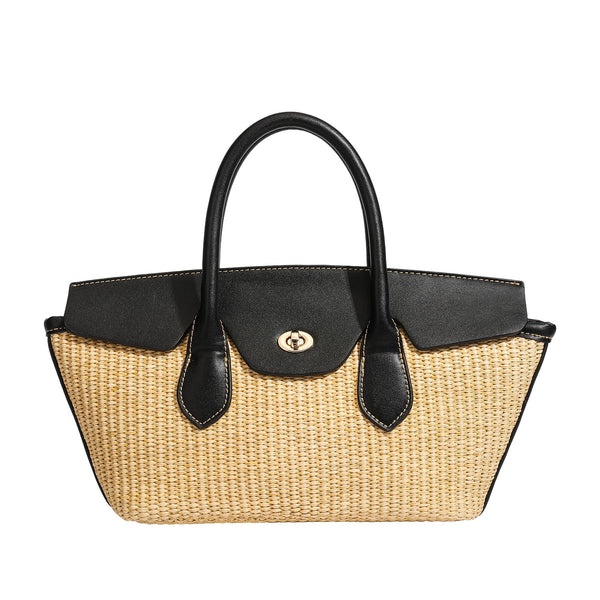 Structured tan woven straw tote bag with black leather-look trim, twin rounded top handles, gold-tone turn-lock front flap