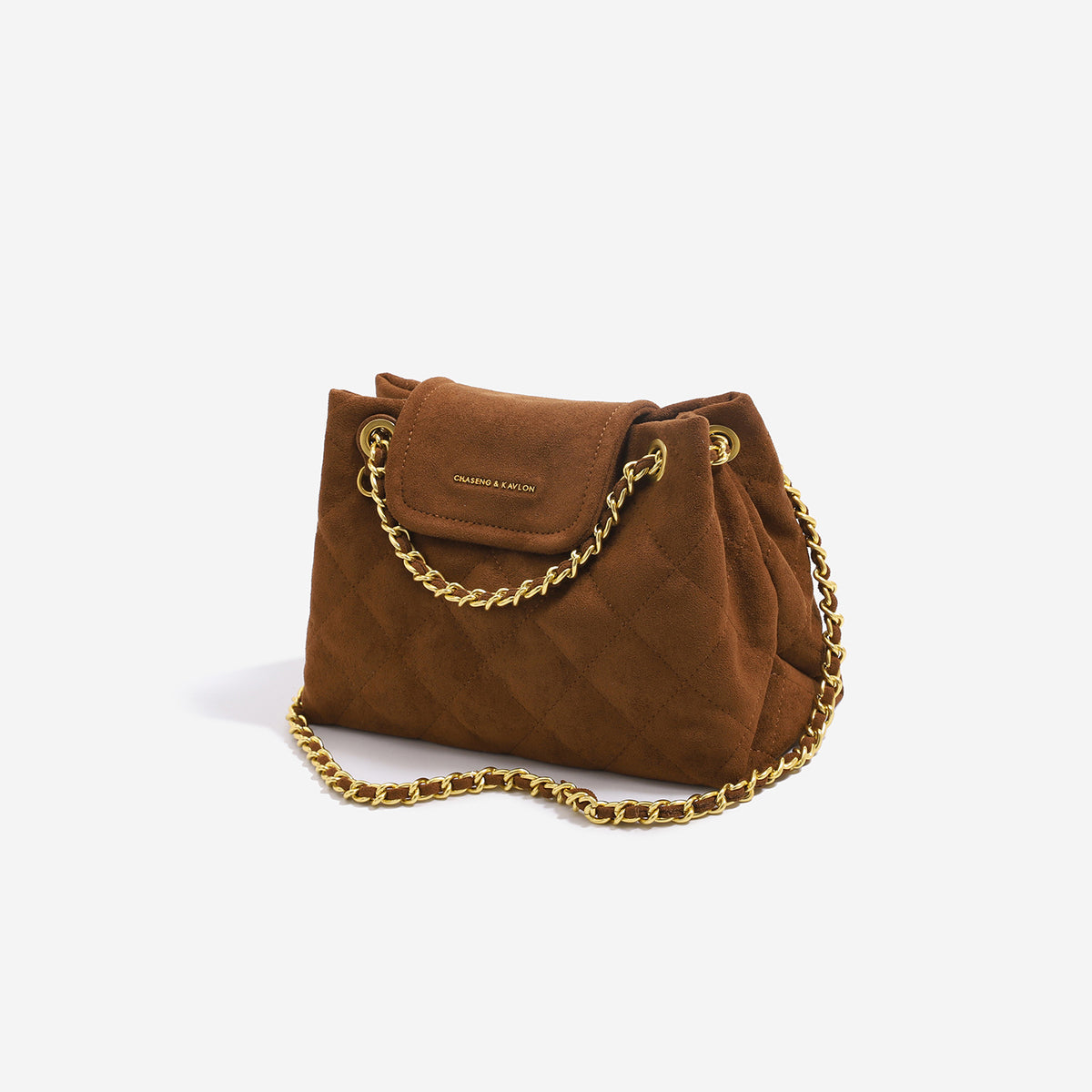 Structured diamond-quilted glossy black shoulder tote bag with interwoven silver chain strap and front flap snap pocket