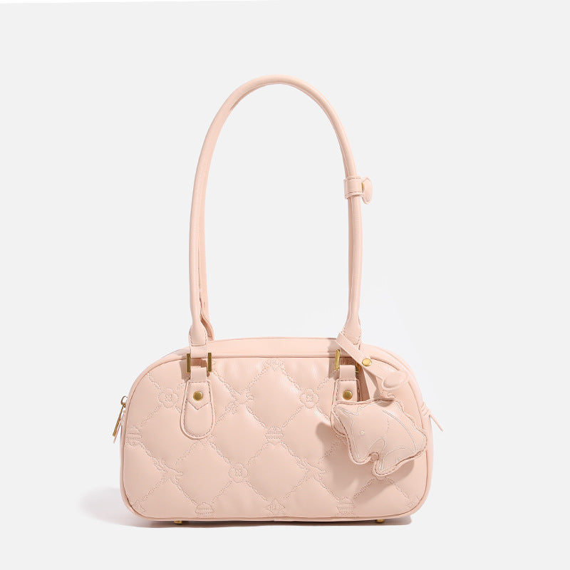 Small structured quilted leather-look zip shoulder bag with gold-tone hardware and adjustable strap, detail view 7
