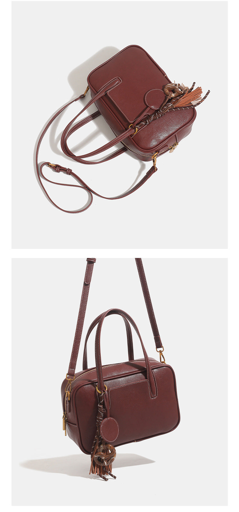 Strukturierte rechteckige Henkeltasche in Lederoptik mit zwei Tragegriffen, abnehmbarem Crossbody-Riemen, goldfarbenen Beschlägen und