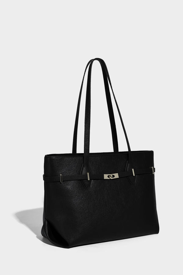 Structured suede-look shopper tote with wraparound belt strap and gold turn-lock clasp, long dark brown shoulder handles