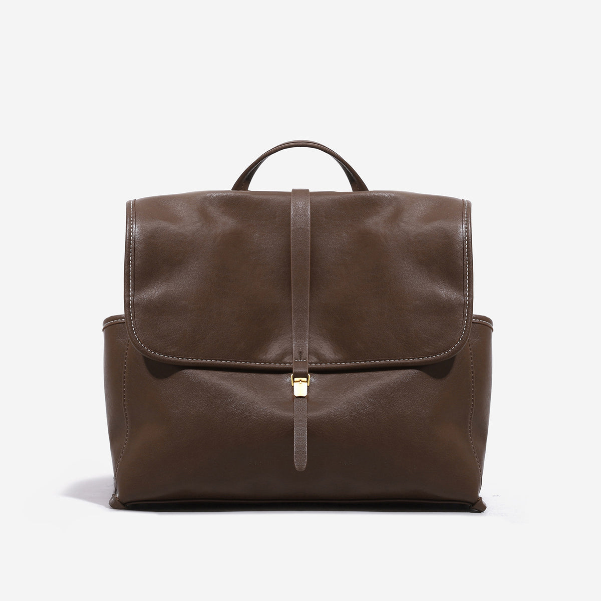 Structured retro flap backpack handbag in brown leather-look finish with gold-tone toggle clasp and top handle, detail view 7