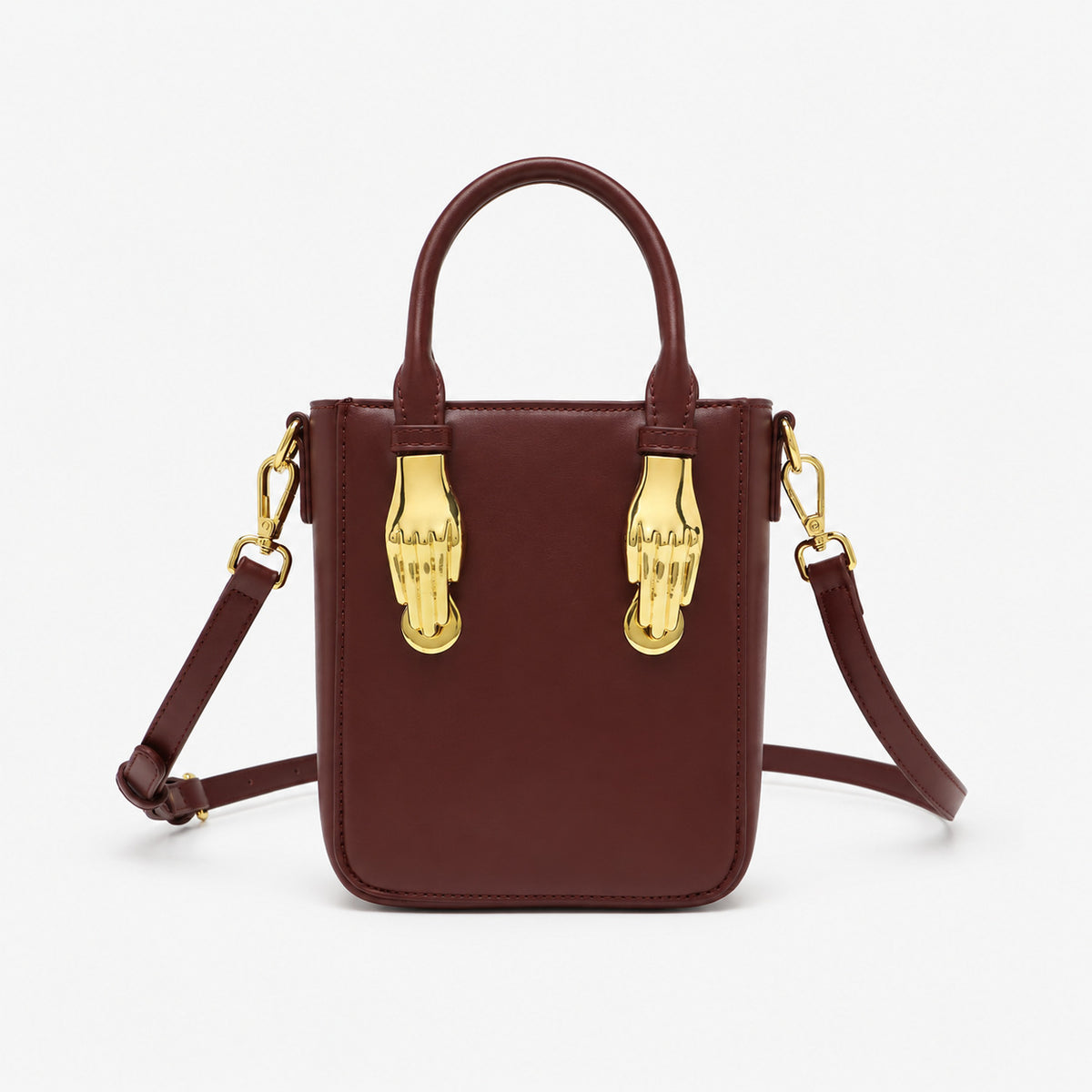 Mini-Tote mit strukturierter rechteckiger Form, goldfarbenem skulpturalem Drehverschluss und zwei oberen Henkeln, Detailansicht 12
