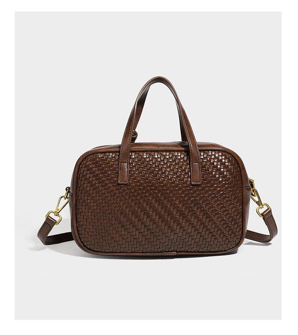 Strukturierte rechteckige Satchel-Tasche mit gewebtem Vorderteil in Lederoptik, goldfarbenen Details, zwei Tragegriffen und abnehmbarem