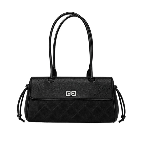 Compact two-tone quilted shoulder bag with black leather-look flap, silver turn-lock clasp, diamond-quilted body, side