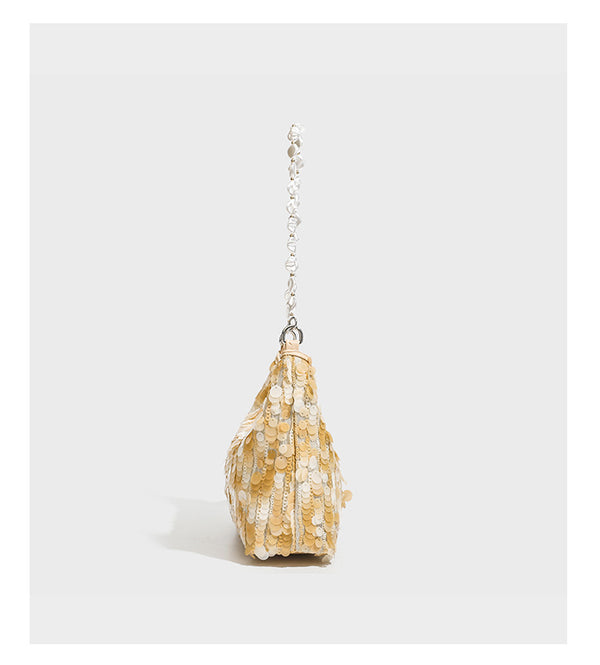 Small crescent sequin shoulder bag with pearl beaded strap and zip closure, detail view 13