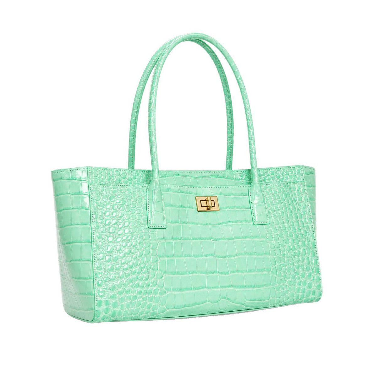 Structured glossy crocodile-embossed tote bag with gold-tone turn-lock closure and double top handles, detail view 5
