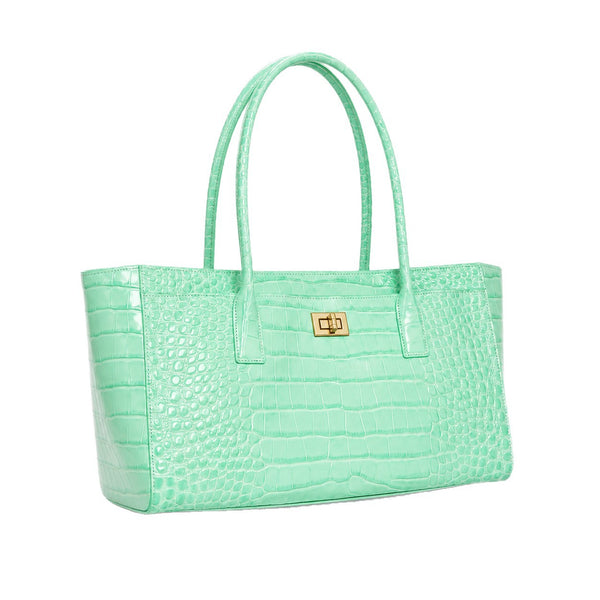 Structured glossy crocodile-embossed tote bag with gold-tone turn-lock closure and double top handles, detail view 5