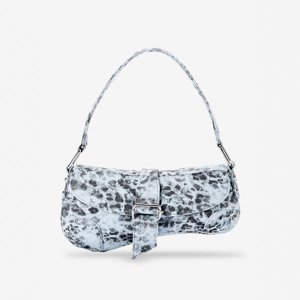 Small washed leopard print shoulder bag in blue-grey with silver buckle strap and stud accents, front view