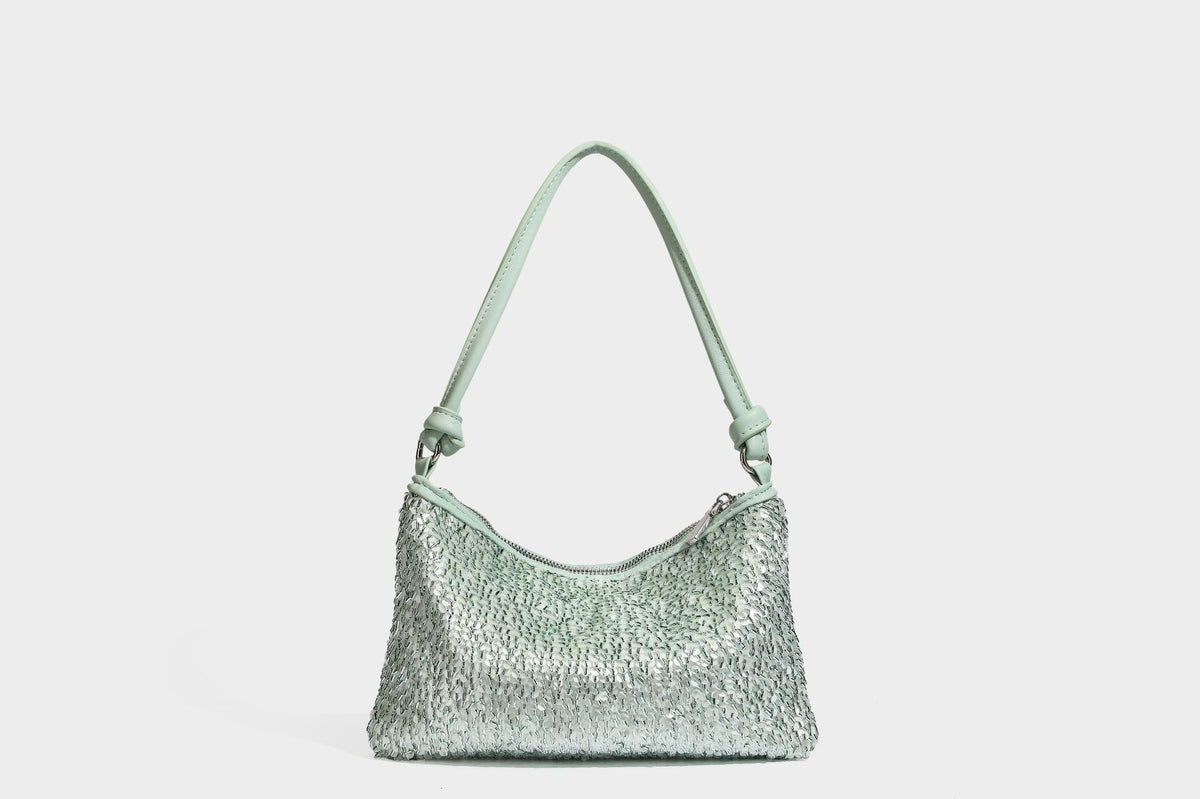 Small sequin hobo shoulder bag with knotted strap and zip closure, detail view 38