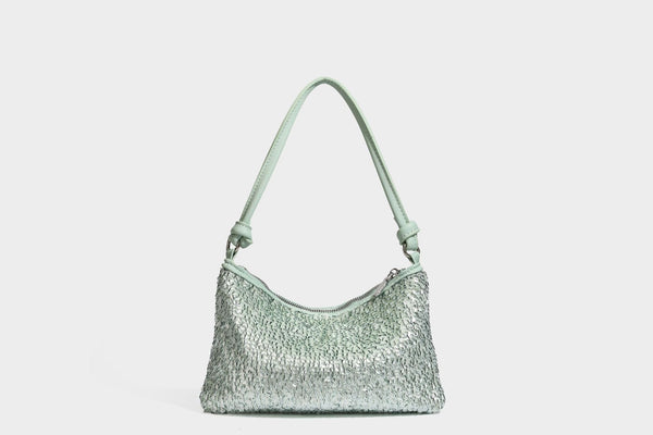 Small sequin hobo shoulder bag with knotted strap and zip closure, detail view 38