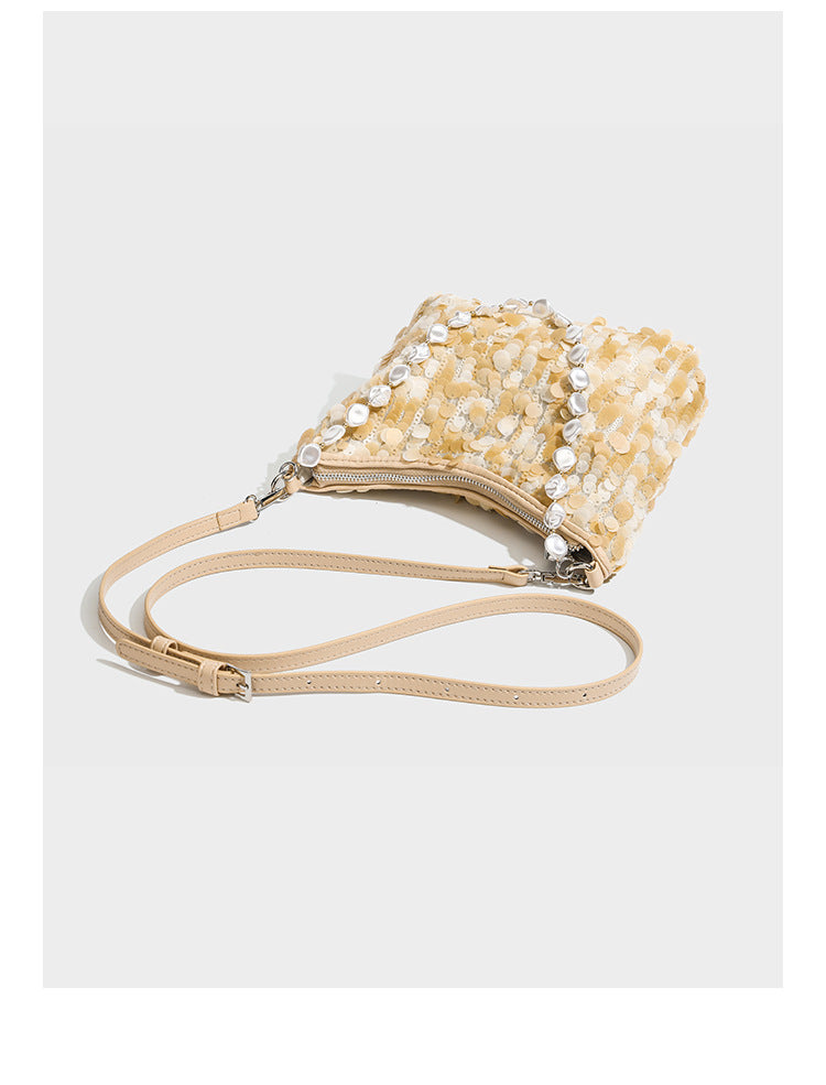 Small crescent sequin shoulder bag with pearl beaded strap and zip closure, detail view 11