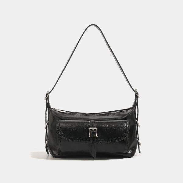 Compact glossy oil-wax leather-look shoulder bag with front buckle flap pocket and gold-tone hardware, detail view 6