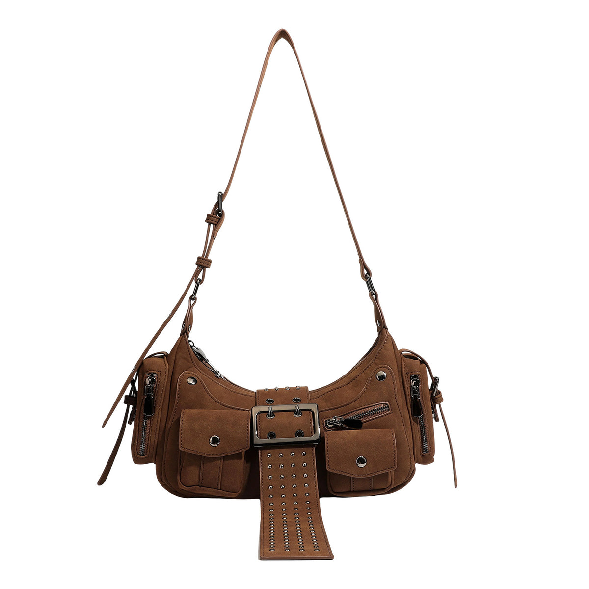 Braune Schultertasche in matter Velourslederoptik mit Gunmetal-Nieten, vorderer Schnallenlasche, aufgesetzten Klappentaschen und verstellbarem Crossbody-Riemen