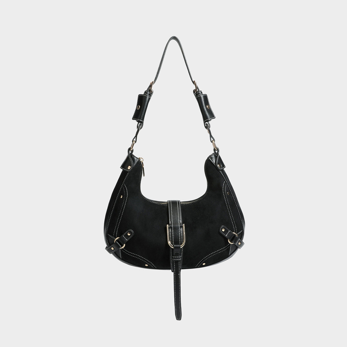 Sichelförmige Halbmond-Schultertasche in Camelbraun mit Velourslederoptik, weißen Kontrastnähten, goldfarbenen Schnallenbeschlägen und