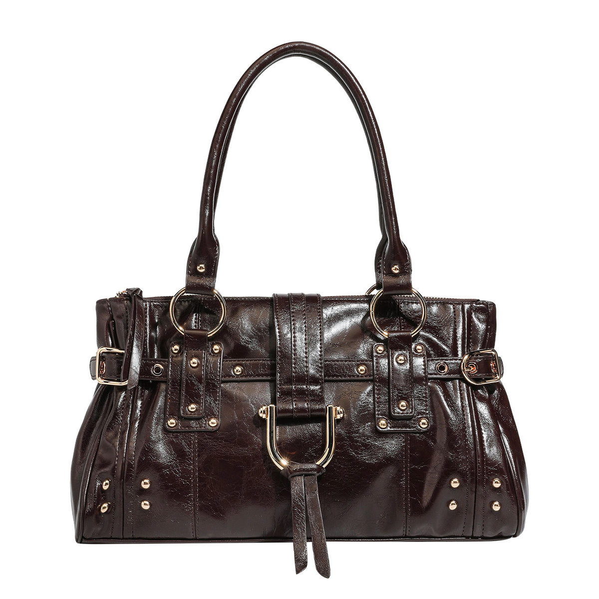 Dark brown glossy leather-look structured satchel tote with gold-tone studs, buckle straps, dual top handles, and detachable