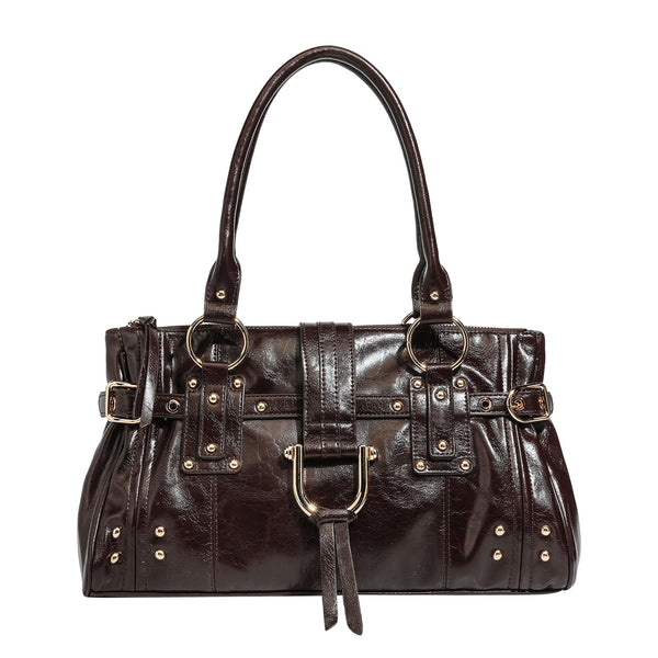 Dark brown glossy leather-look structured satchel tote with gold-tone studs, buckle straps, dual top handles, and detachable