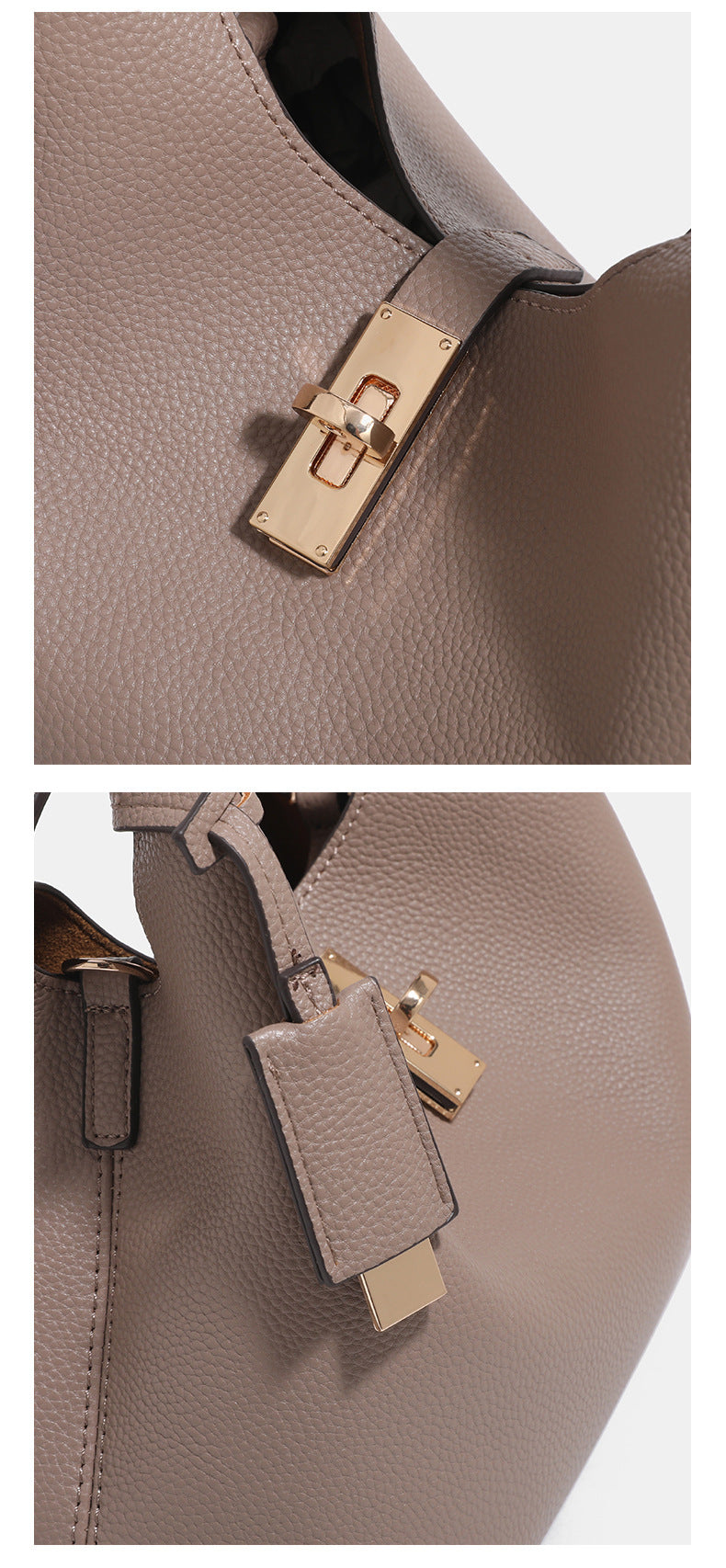 Structured pebbled leather-look bucket tote with gold-tone turn-lock hardware and looped top handle, detail view 14