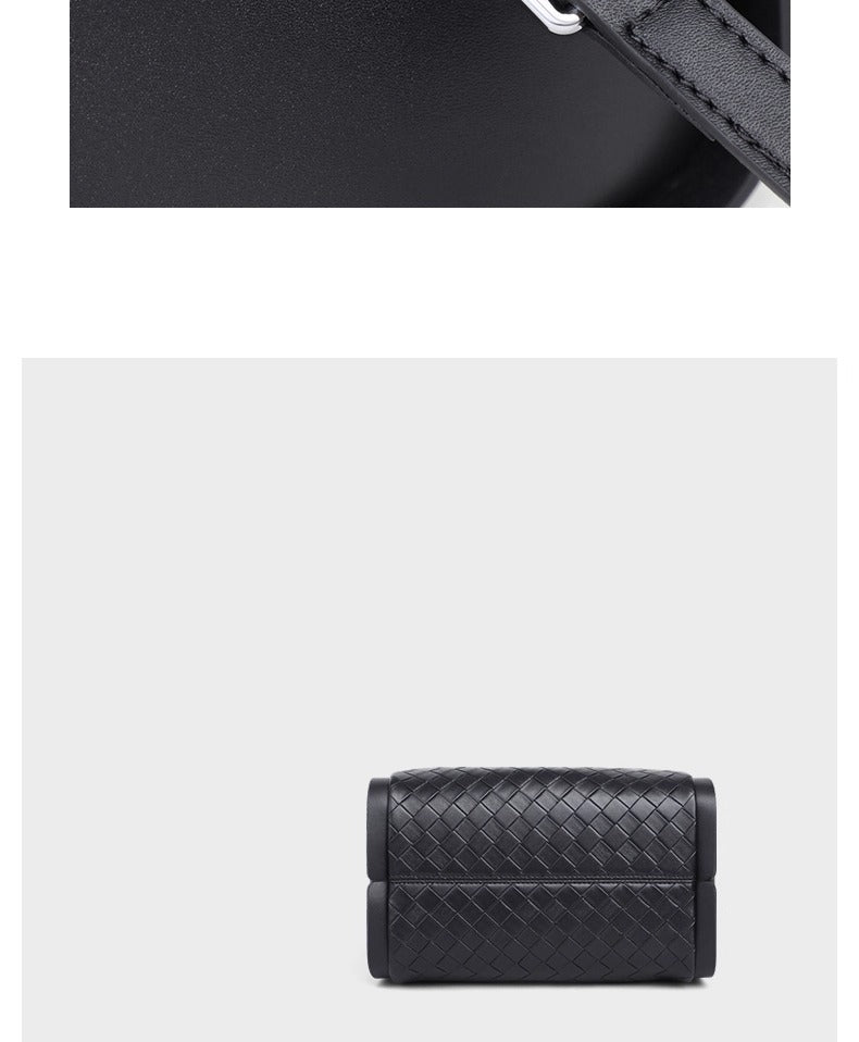 Black woven leather-look bucket tote bag with dual top handles and detachable shoulder strap, silver-tone hardware and zip