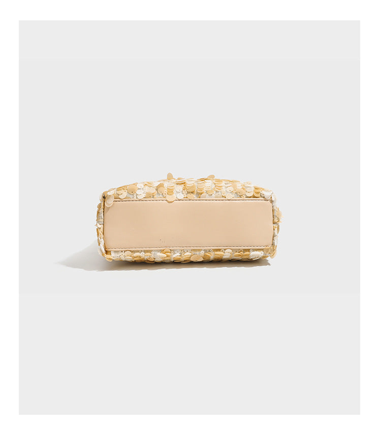 Small crescent sequin shoulder bag with pearl beaded strap and zip closure, detail view 16