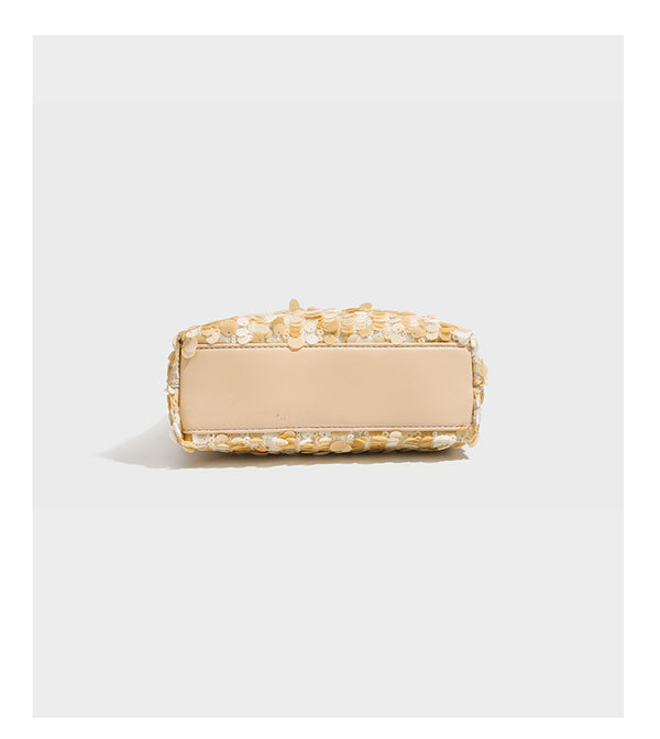 Small crescent sequin shoulder bag with pearl beaded strap and zip closure, detail view 16