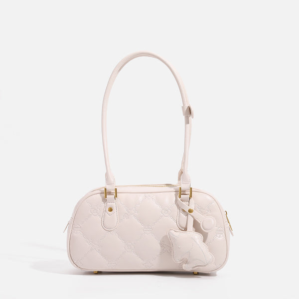 Small structured quilted leather-look zip shoulder bag with gold-tone hardware and adjustable strap, front view