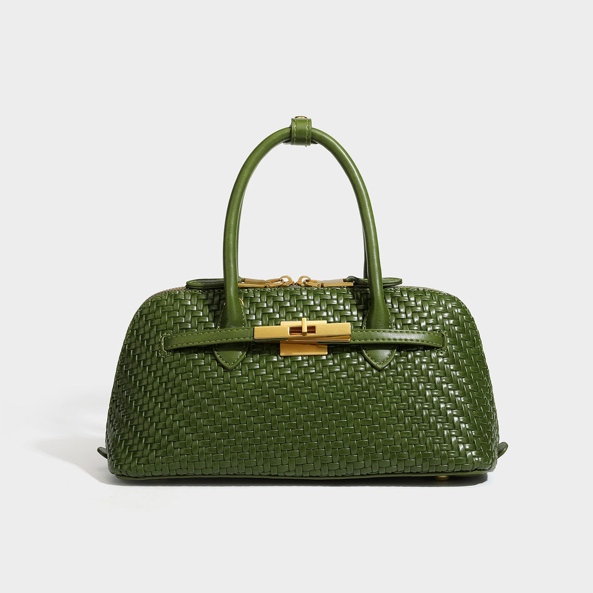 Structured woven-embossed leather-look satchel with dual rolled top handles, gold-tone turn-lock closure, and detachable